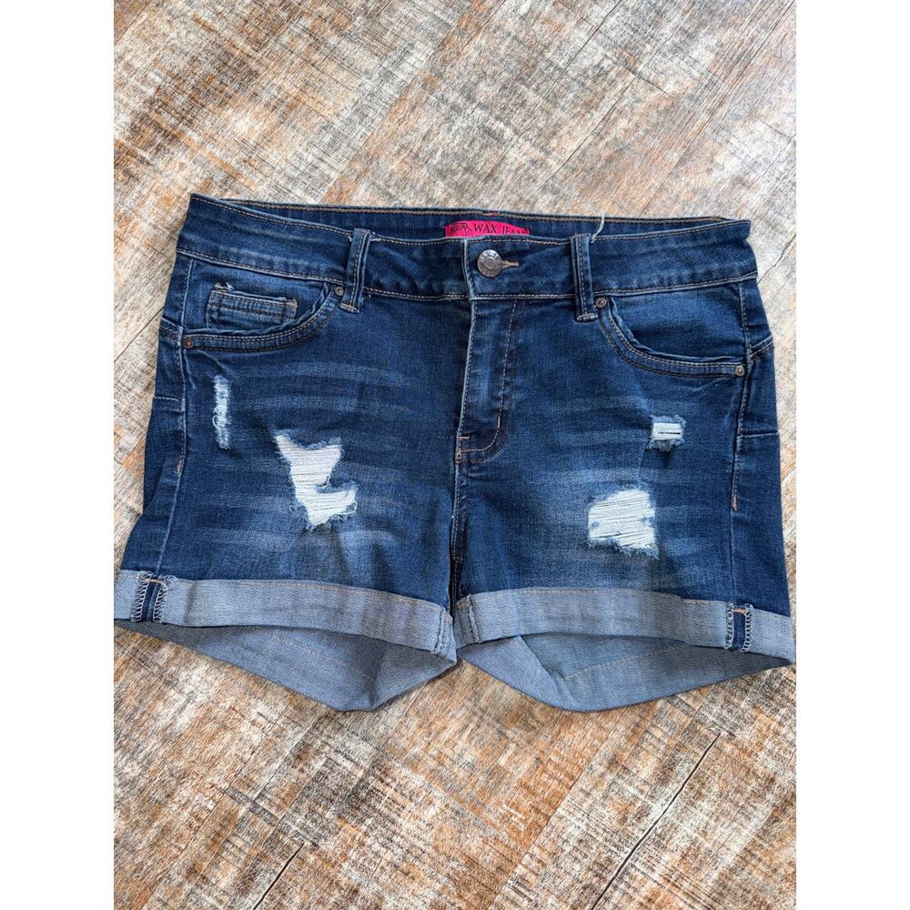 Wax Jeans Mid Rise Dark Wash Distressed Cuffed Stretchy Denim Shorts Size Medium